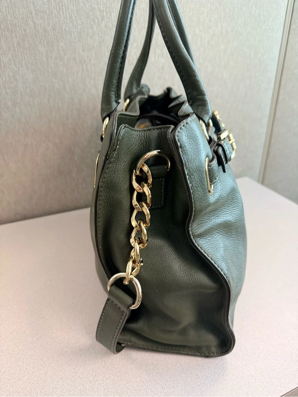 Michael Kors Dark Olive Hamilton Leather Satchel with Gold Hardware